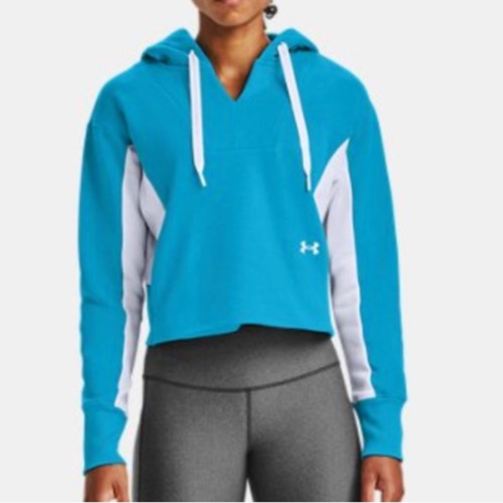 NEW Under Armour Rival Fleece Embroidered Cropped Hoodie Teal Blue Color